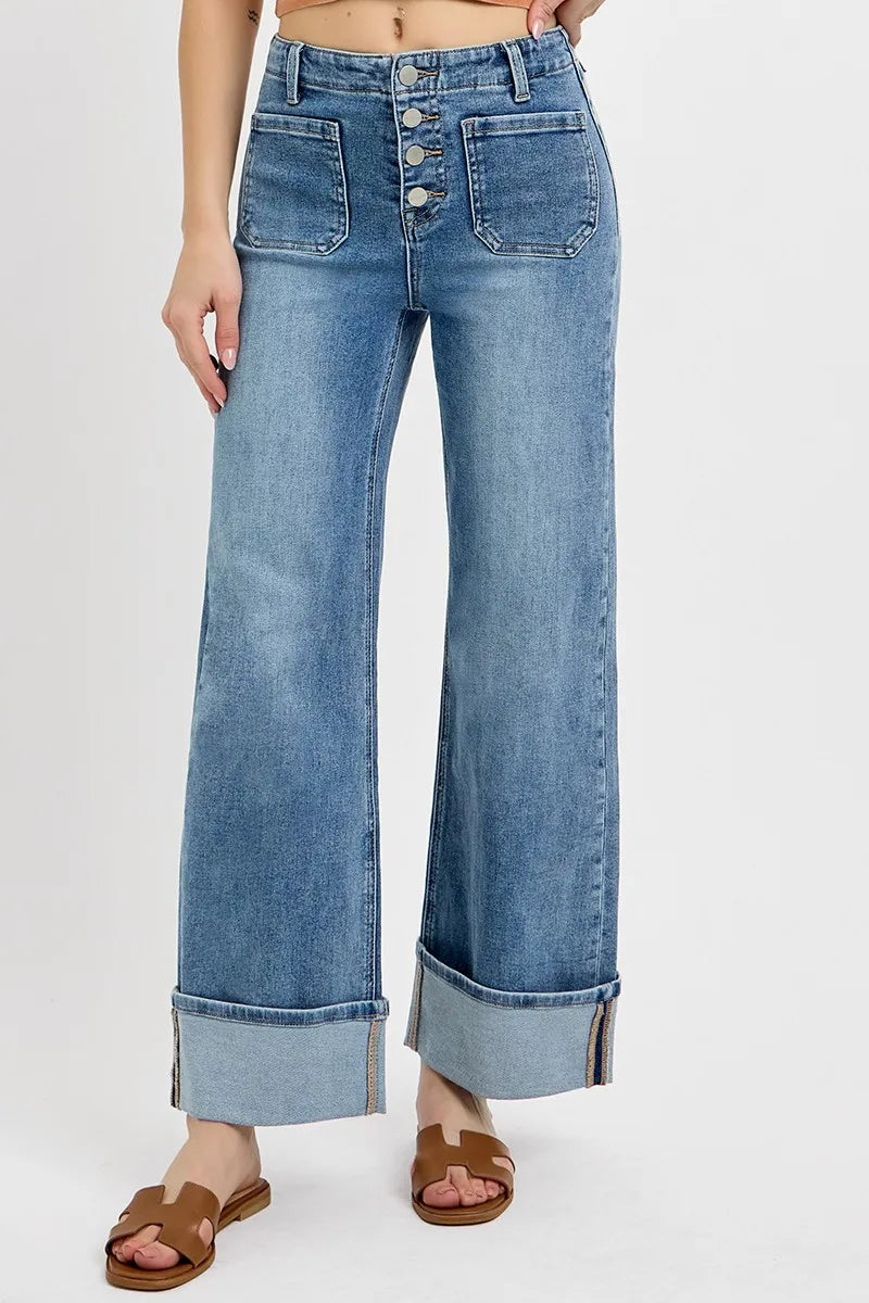 RISEN High Rise Ankle Wide Button Patch Pocket Cuffed Jeans | Jeans Daverri Fashions