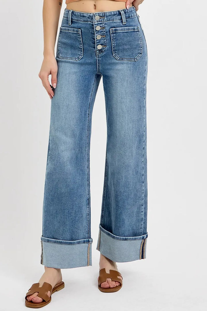 RISEN High Rise Ankle Wide Button Patch Pocket Cuffed Jeans | Jeans Daverri Fashions