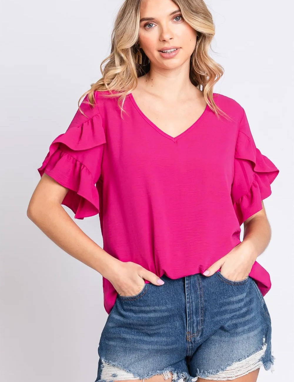 MAGENTA GeeGee V-Neck Ruffle Trim Short Sleeve Blouse | Daverri Fashions