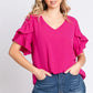 GeeGee V-Neck Ruffle Trim Short Sleeve Blouse - DAVERRI FASHIONS