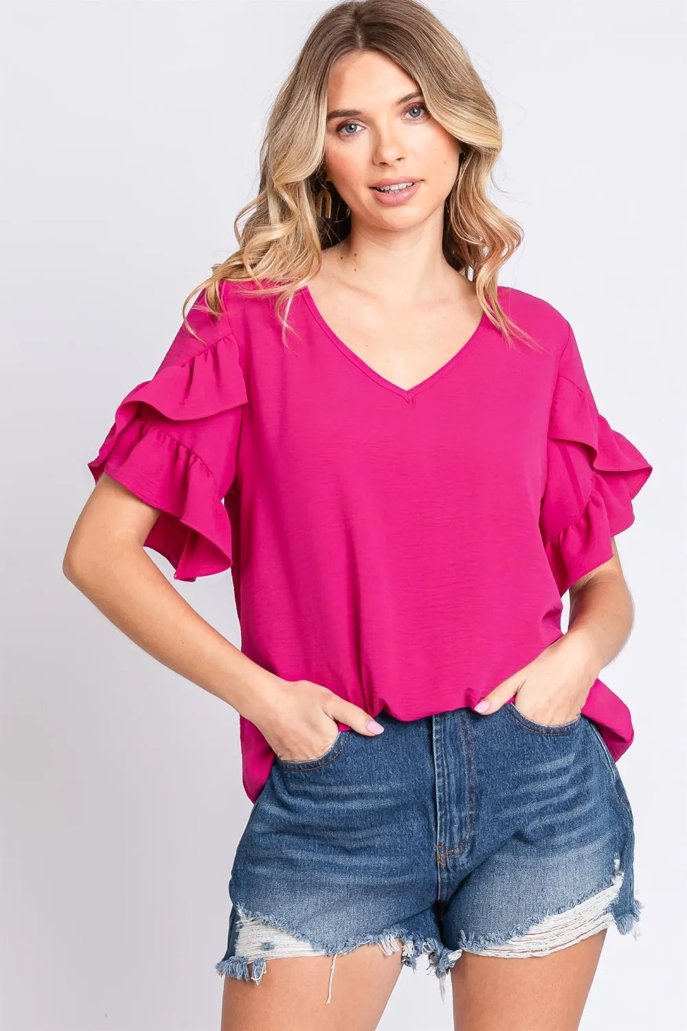 GeeGee V-Neck Ruffle Trim Short Sleeve Blouse MAGENTA