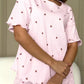 Blush pink heart print ribbed knit pajama set with ruffles