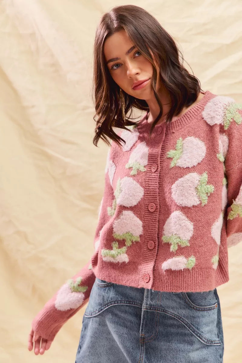 SO ME Strawberry Fruit All Over Button Sweater Cardigan | Cardigans Daverri Fashions