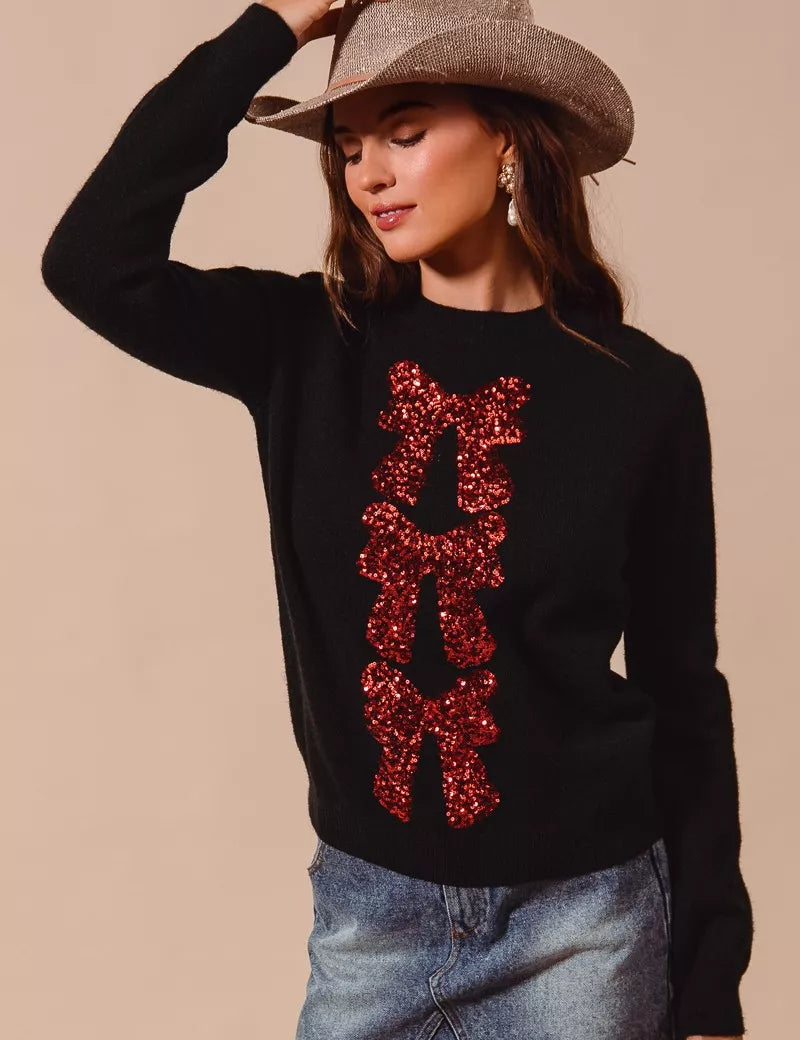 SO ME Sequins Bow Ribbon Embellished Christmas Sweater | Sweaters Daverri Fashions