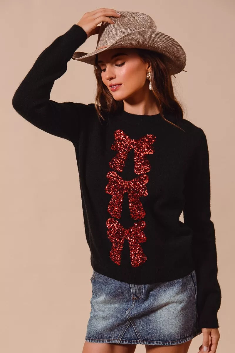 SO ME Sequins Bow Ribbon Embellished Christmas Sweater | Sweaters Daverri Fashions
