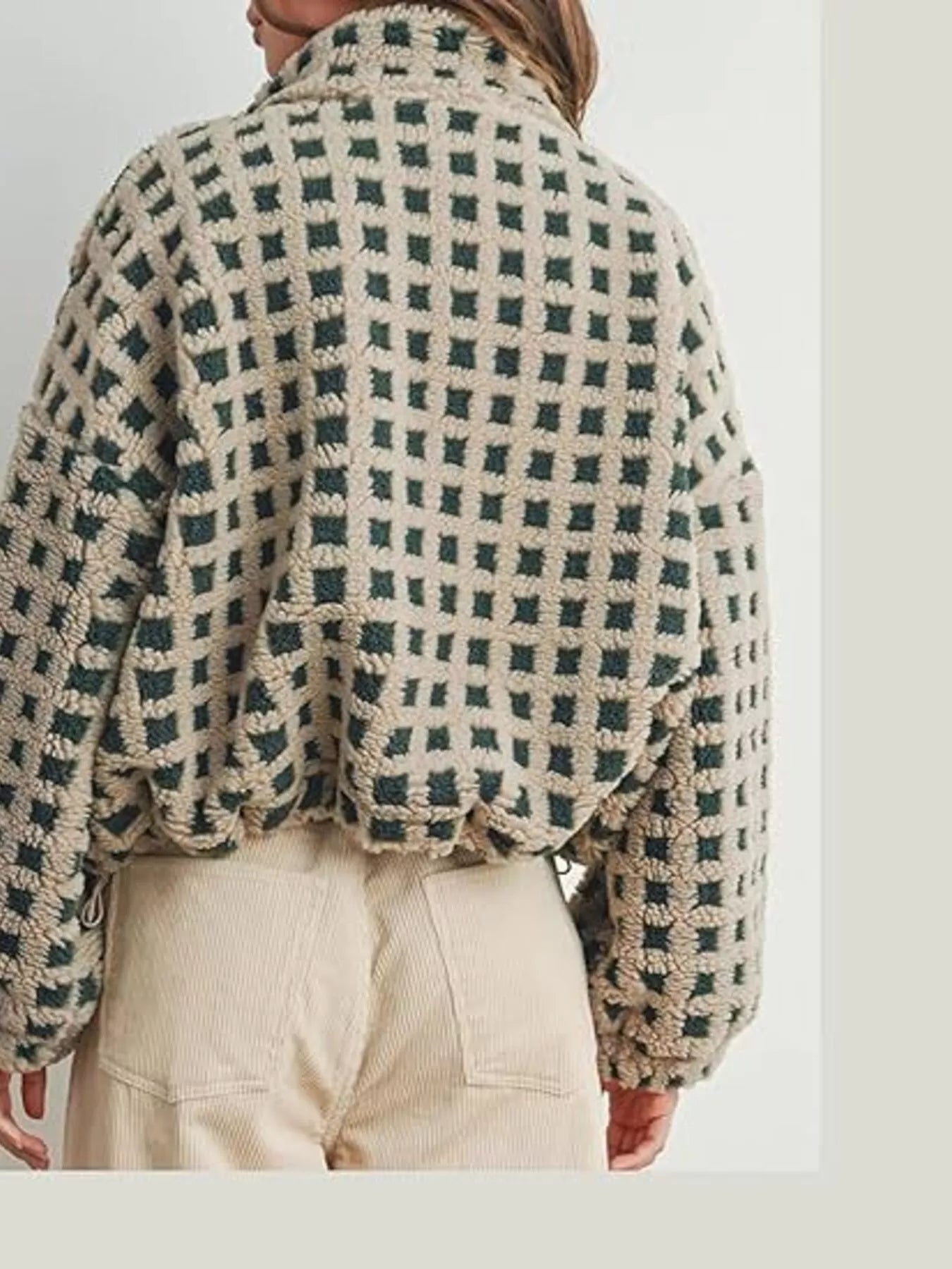 Daverri plaid zip-up sherpa jacket in green and cream checkered pattern