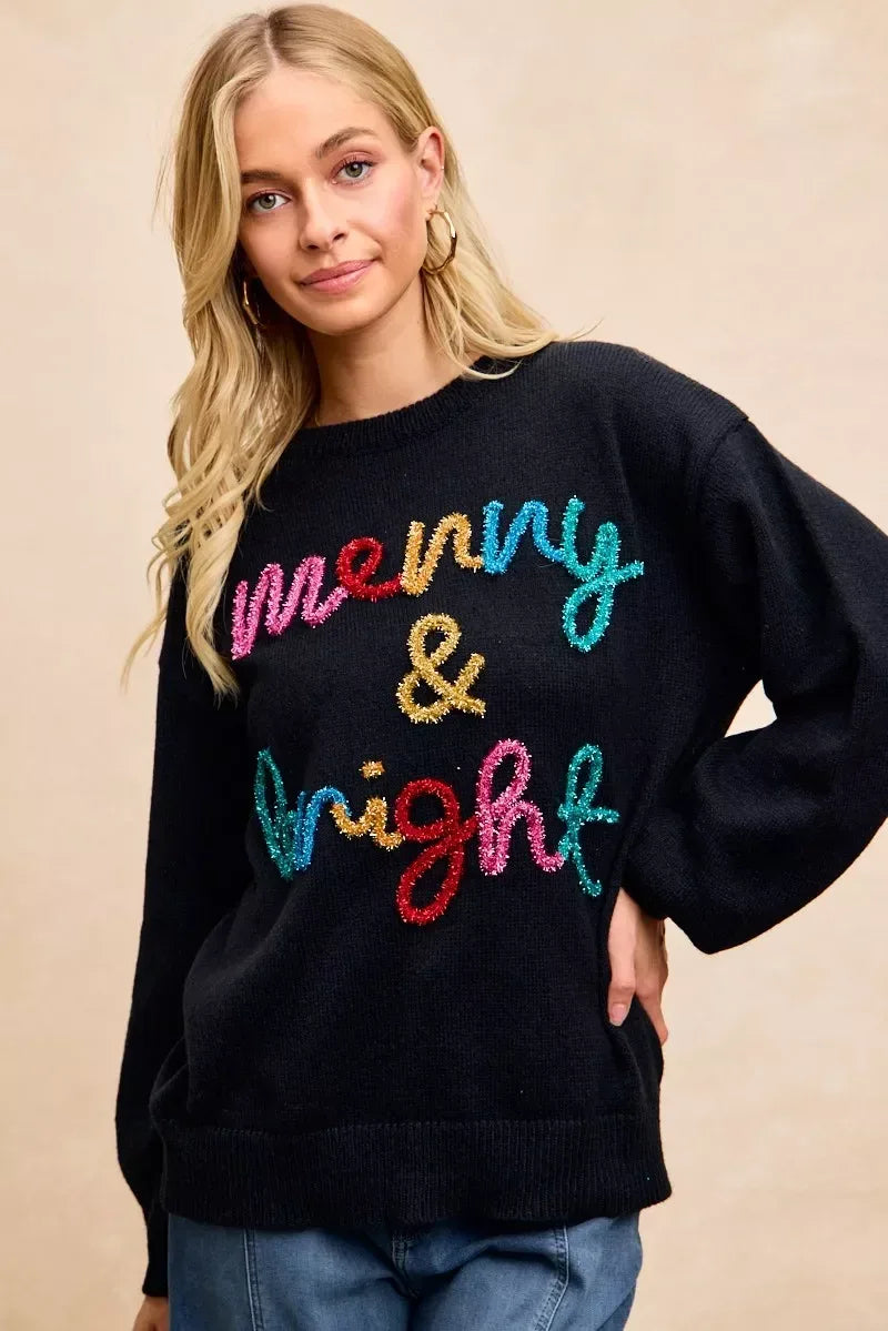 BiBi Tinsel Lettering Christmas Sweater - DAVERRI FASHIONS