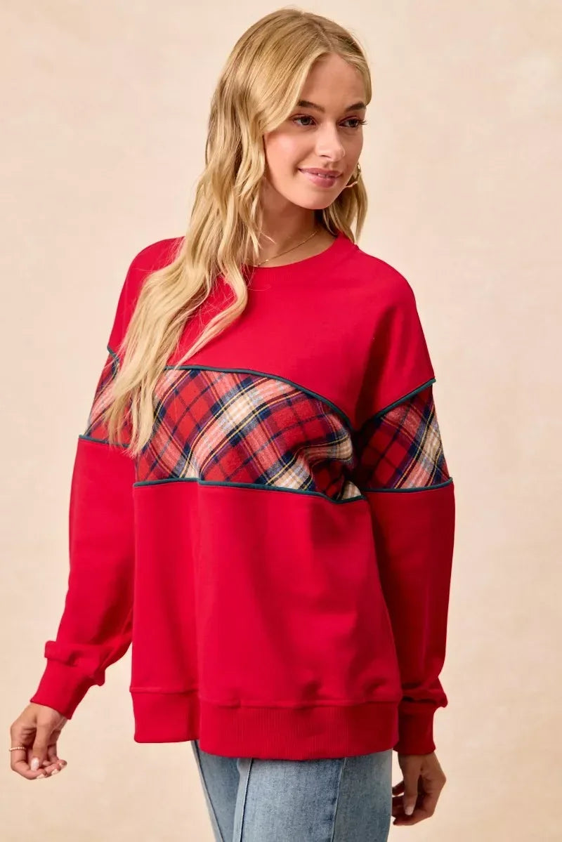 BiBi Christmas Theme Plaid Block Sweatshirt with Binding - DAVERRI FASHIONS