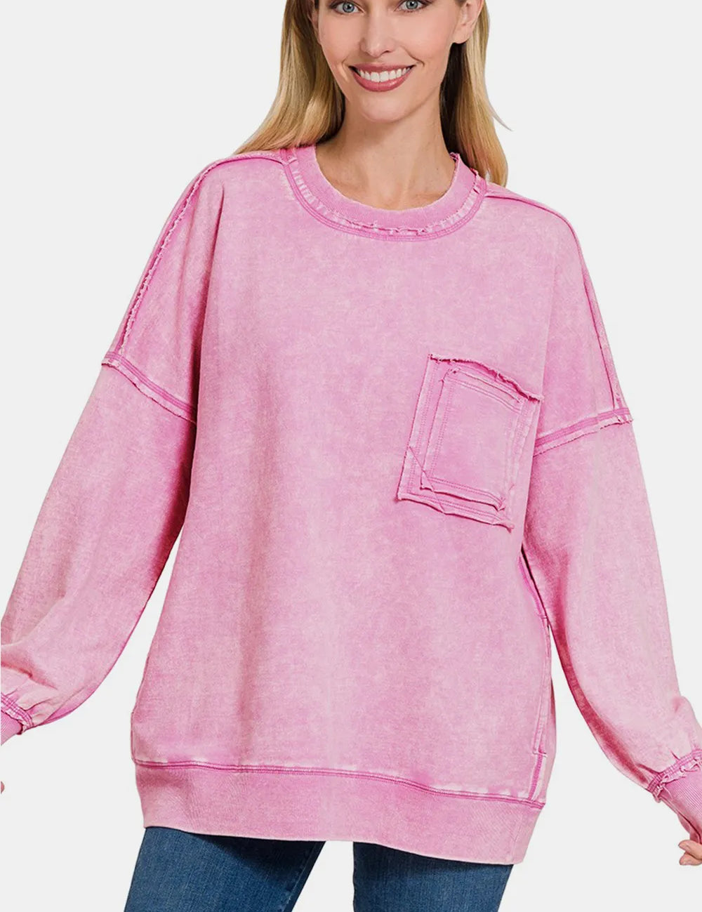 MAUVE Zenana Exposed Seam Round Neck Dropped Shoulder Sweatshirt | Daverri Fashions