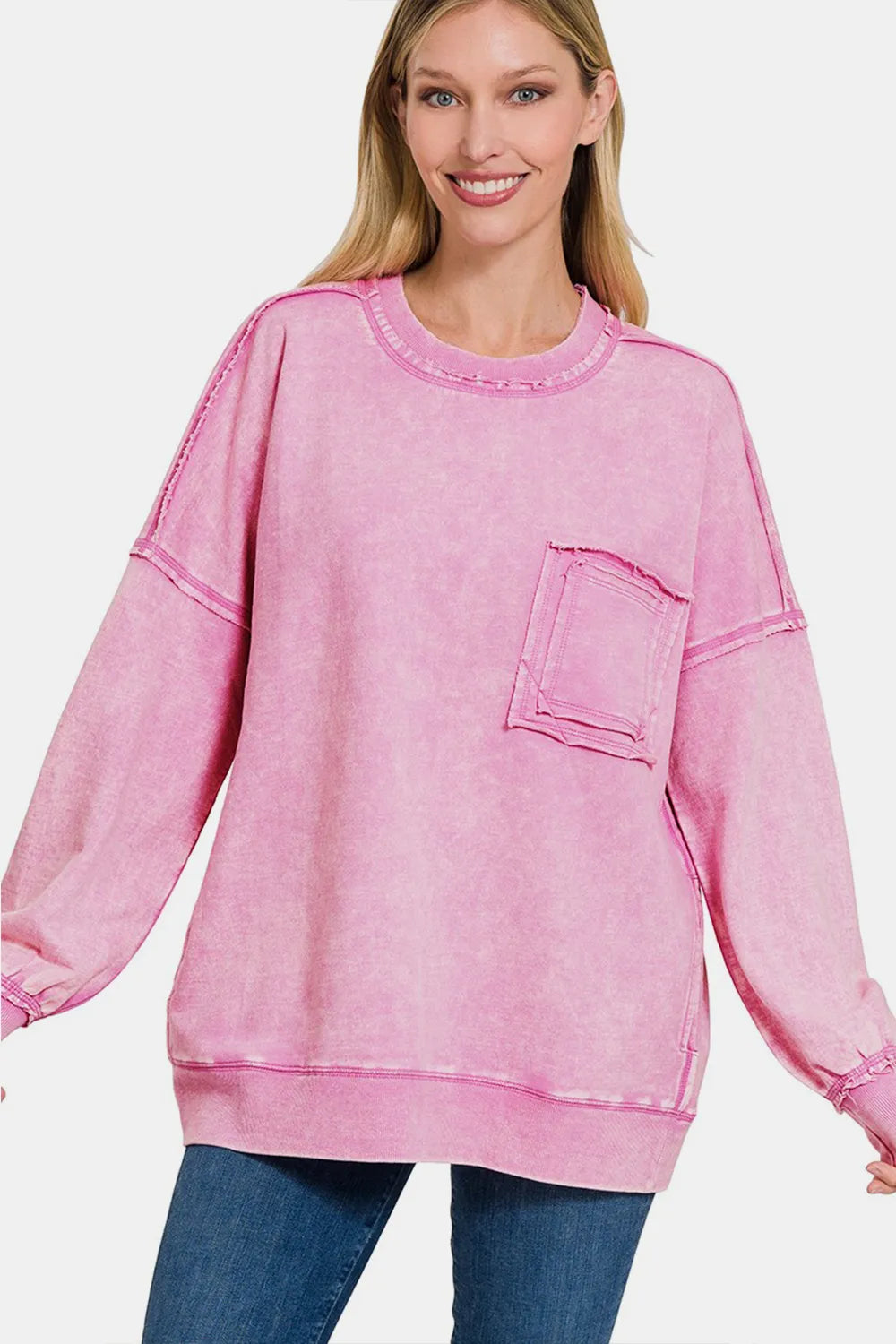 MAUVE Zenana Exposed Seam Round Neck Dropped Shoulder Sweatshirt | Daverri Fashions