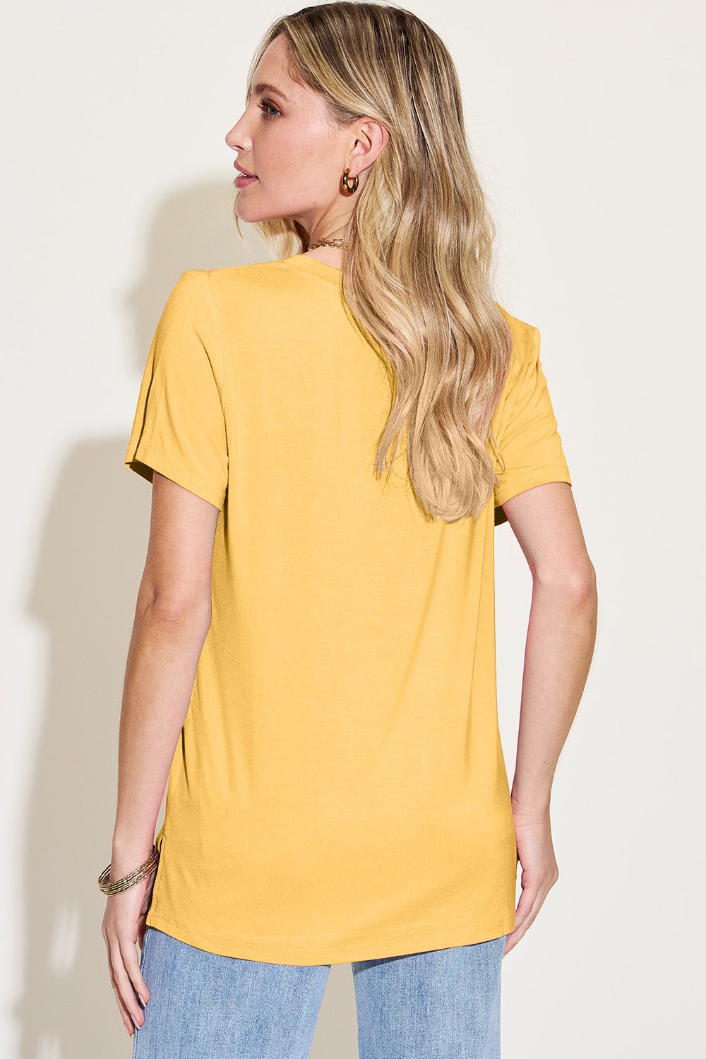 Bamboo Full Size V-Neck High-Low T-Shirt Tops