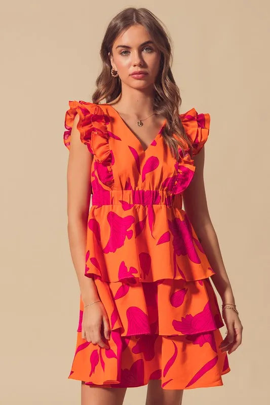 SO ME Floral V Neck Layered Dress with Elasticized Waist