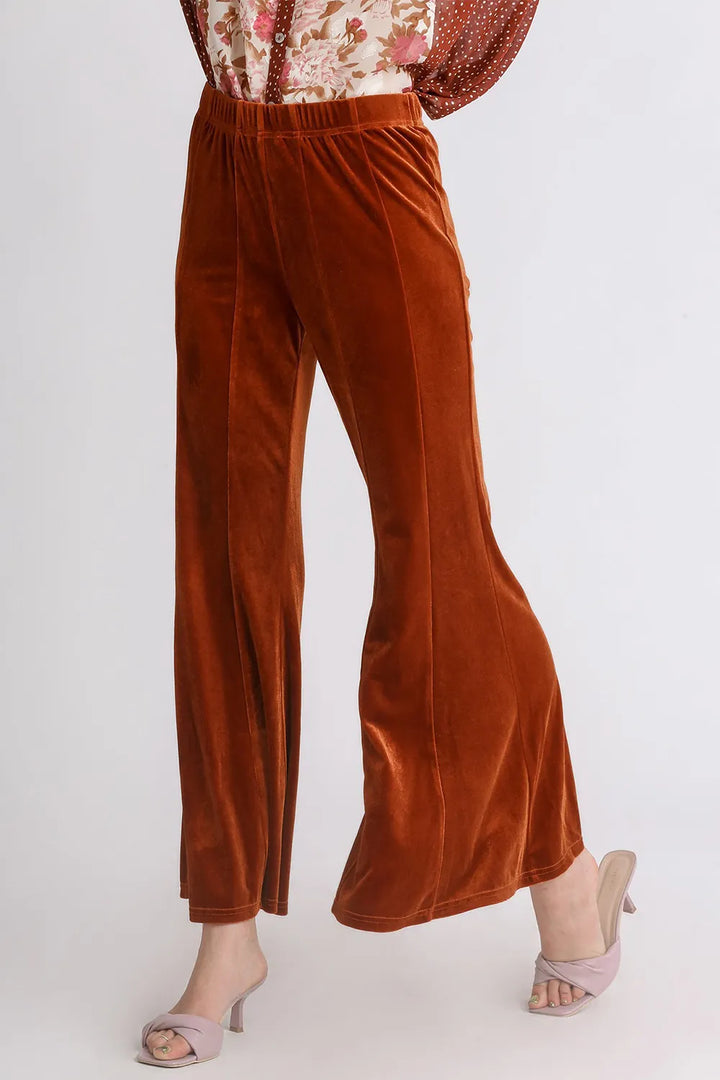 Umgee High Rise Elastic Waist Flare Pants Terracotta