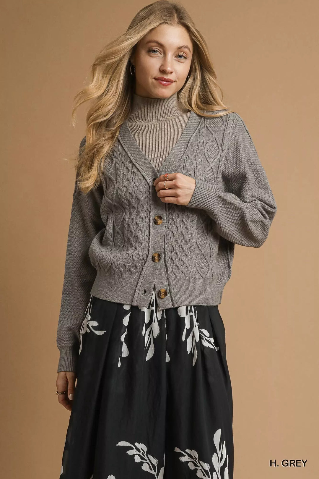 H. GREY Umgee Chunky Cable Knit V-Neck Button-Up Cardigan | Cardigans Daverri Fashions