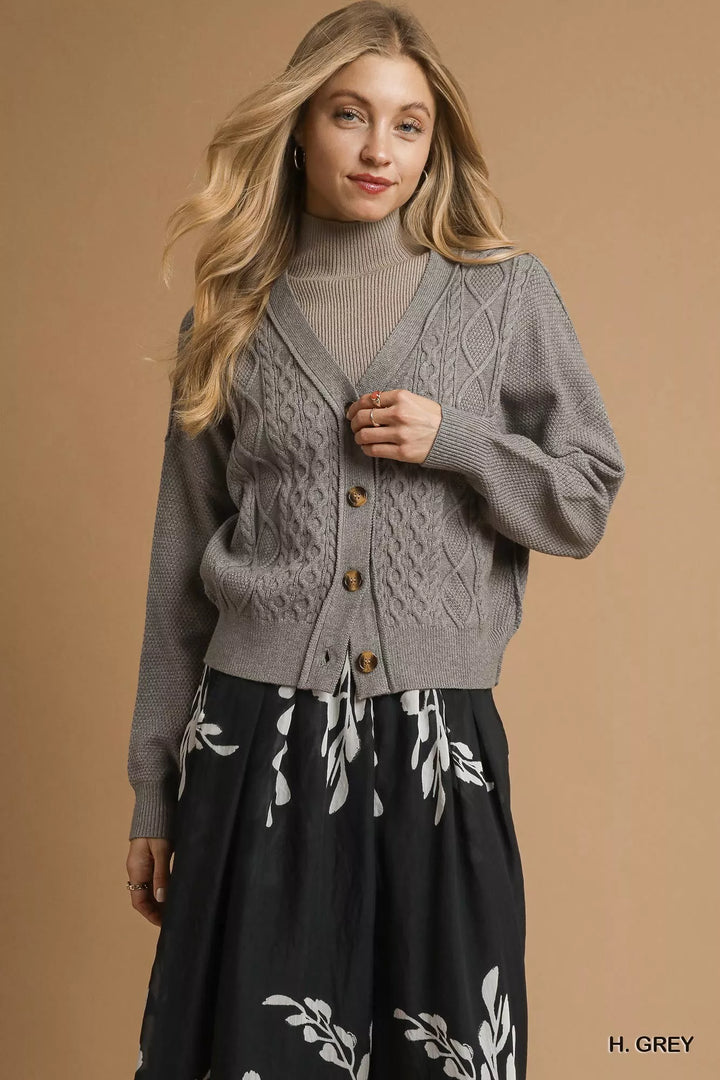 H. GREY Umgee Chunky Cable Knit V-Neck Button-Up Cardigan | Cardigans Daverri Fashions