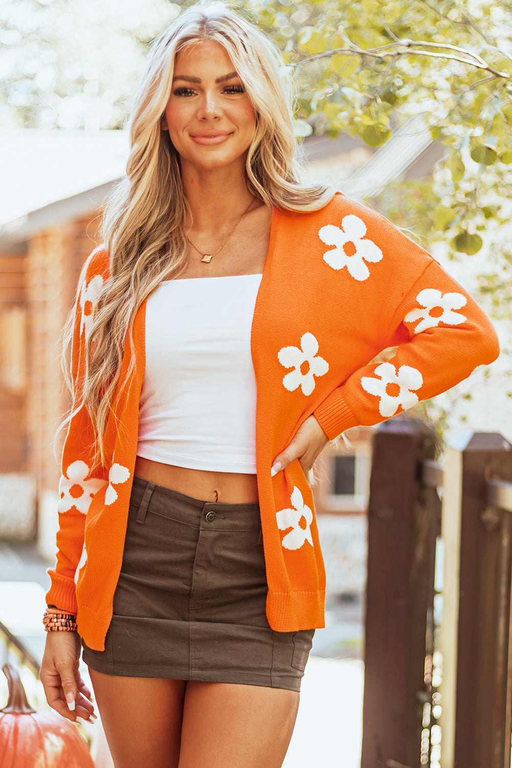 Orange 55%Acrylic+45%Cotton Orange Floral Print Knitted Open Front Loose Cardigan | Cardigans Daverri Fashions
