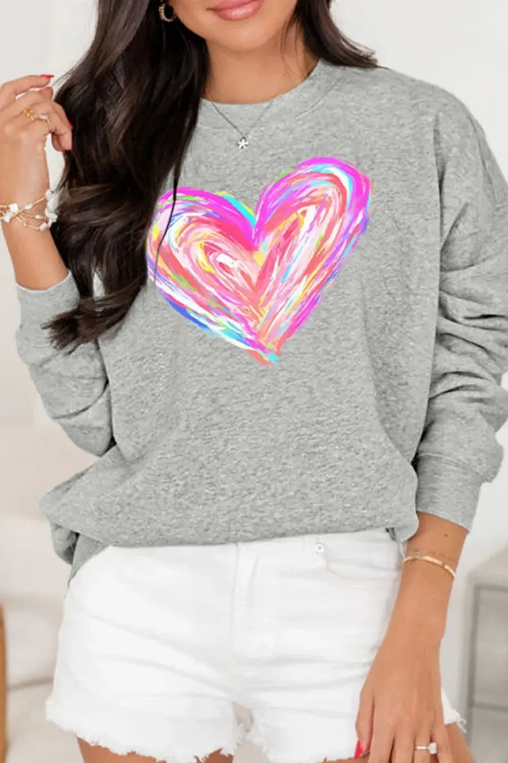 Valentine’s Day Heart Round Neck Drop Shoulder Sweatshirt - DAVERRI FASHIONS