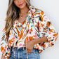 Yellow Abstract Print Drawstring Frilled V-Neck 3/4 Sleeve Blouse
