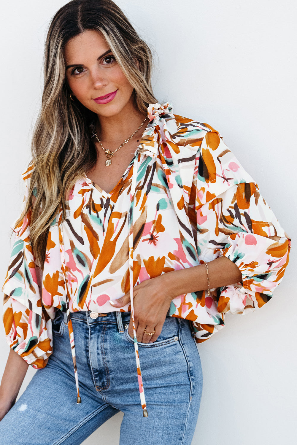 Yellow Abstract Print Drawstring Frilled V-Neck 3/4 Sleeve Blouse