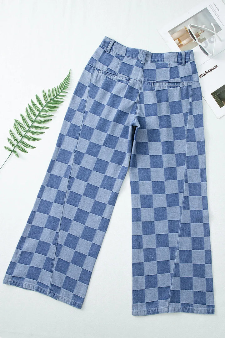 Checkered Wide Leg Jeans with Pockets | Jeans Daverri Fashions