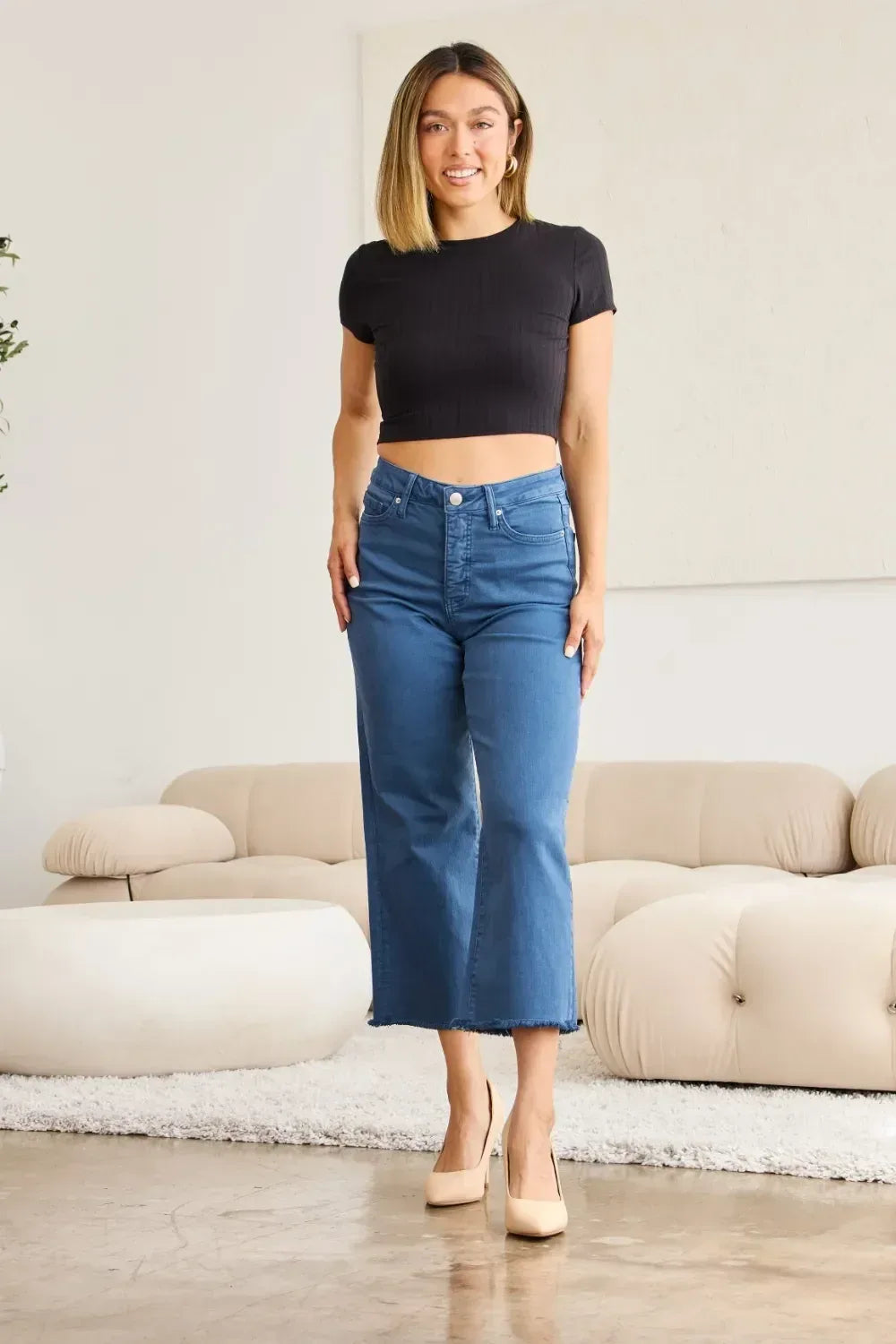 RFM Crop Chloe Tummy Control High Waist Raw Hem Jeans - DAVERRI FASHIONS