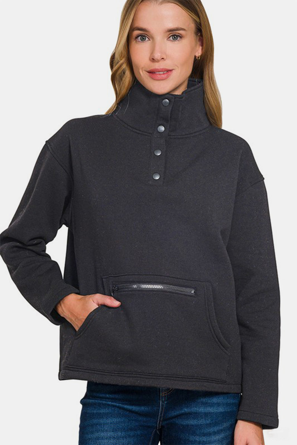 Zenana Turtleneck Half Snap Fleece Sweatshirt Black | Sweatshirts Daverri Fashions
