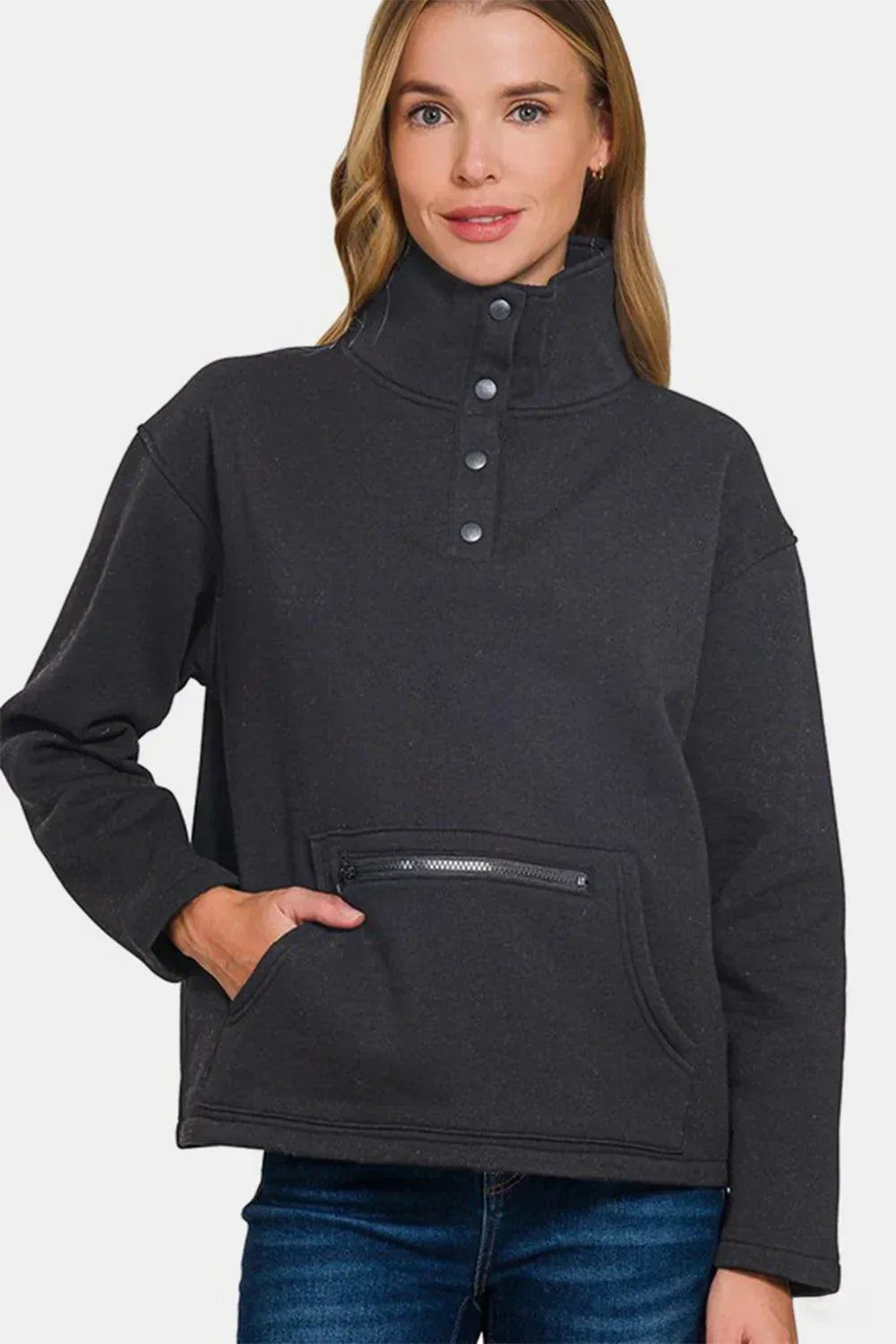 Zenana Turtleneck Half Snap Fleece Sweatshirt Black - DAVERRI FASHIONS