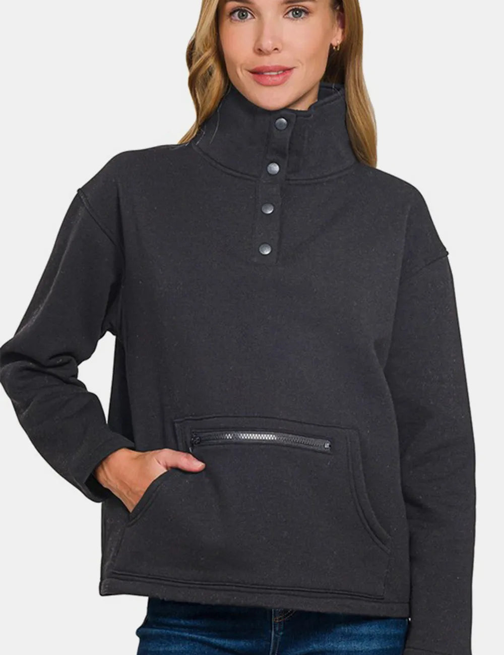 Black Zenana Turtleneck Half Snap Fleece Sweatshirt Black | Sweatshirts Daverri Fashions