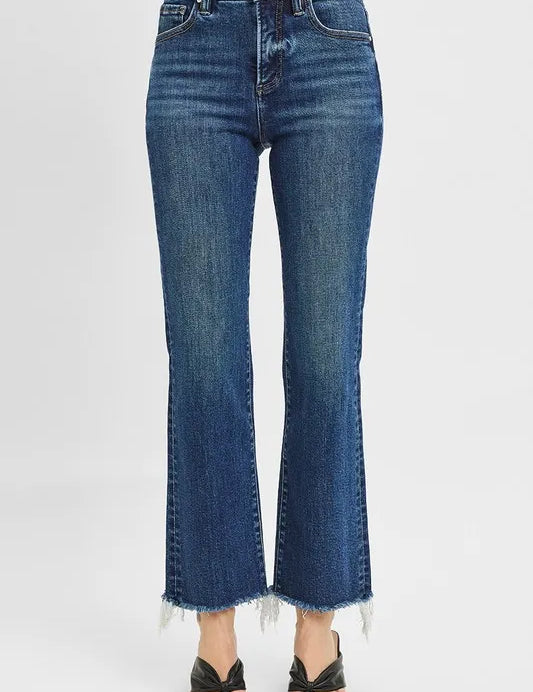 RISEN Tummy Control High Rise Crop Straight Raw Cut Hem Jeans | Daverri Fashions