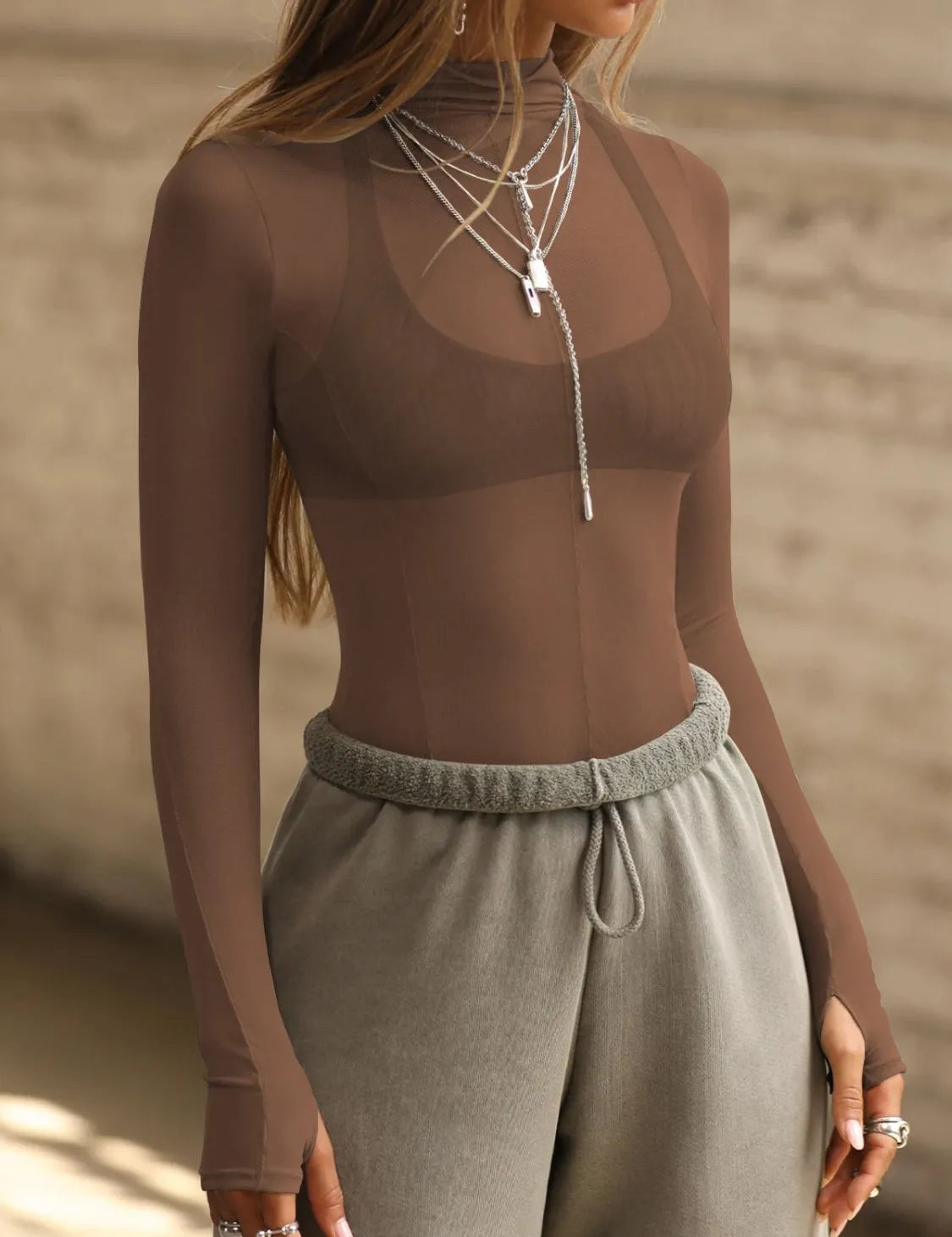 Brown Mock Neck Long Sleeve Sheer Top | Tops Daverri Fashions