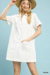 Cream-colored eyelet cotton Umgee short sleeve shift dress with collar and pocket