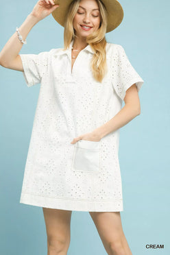 Cream-colored eyelet cotton Umgee short sleeve shift dress with collar and pocket