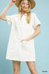 Cream-colored eyelet cotton Umgee short sleeve shift dress with collar and pocket