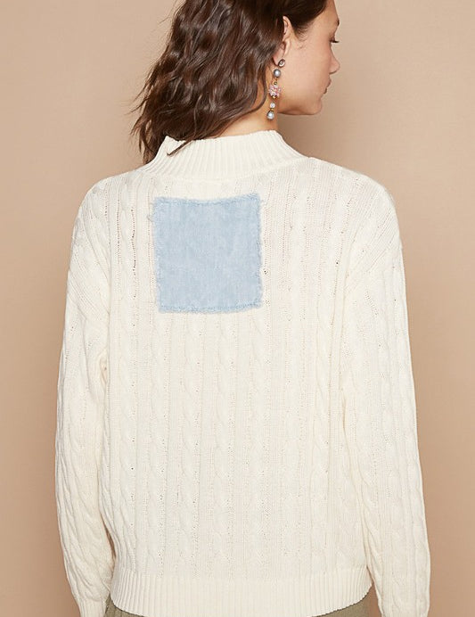 POL Cable-Knit Peace Patch Dropped Shoulder Sweater