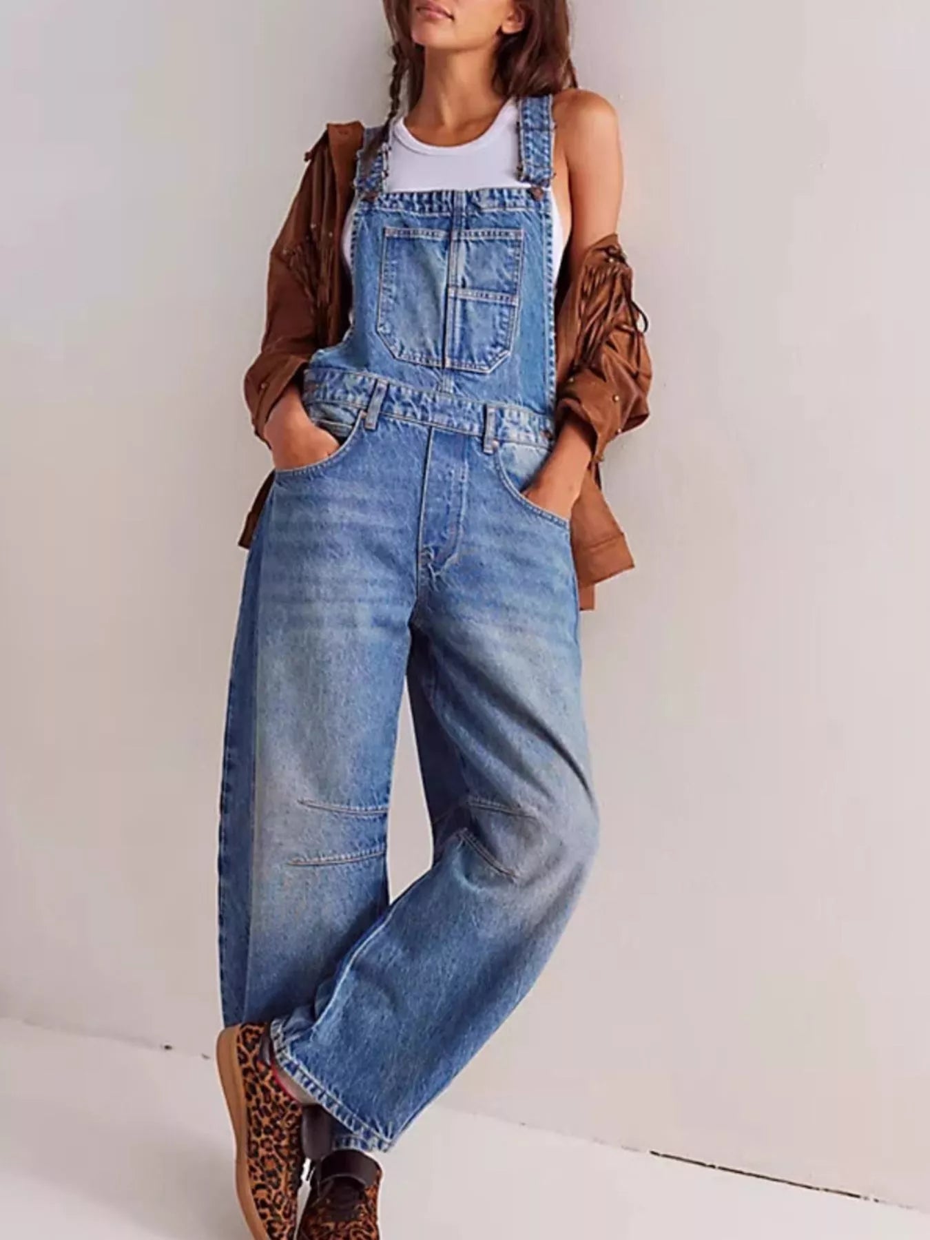 Wide strap wide leg denim overalls in blue with worn classic look