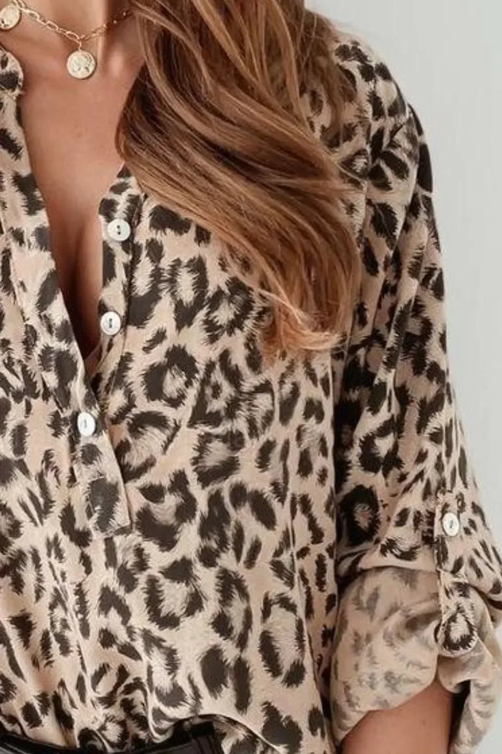 Leopard Button Detail Notched Long Sleeve Blouse - DAVERRI FASHIONS
