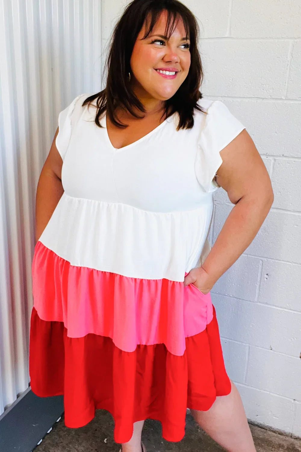 Peach & Cherry Red Tiered Frill Sleeve Midi Dress | Daverri Fashions