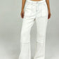 White wide-leg jeans with black contrast stitching and flared silhouette