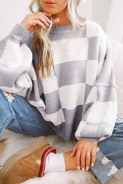 100%Acrylic Checkered Bishop Sleeve Sweater | Sweaters Daverri Fashions