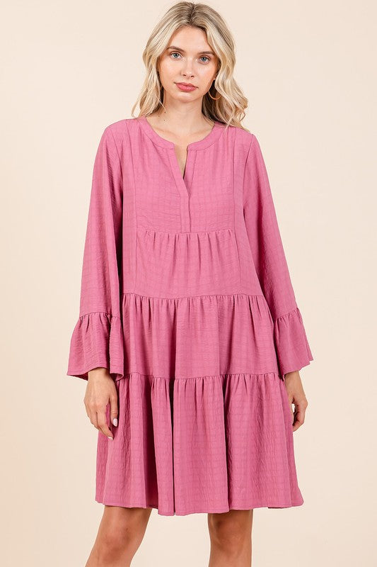 Mittoshop Tiered Notched Flare Sleeve Dress Rose