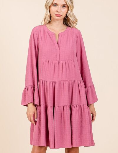 Mittoshop Tiered Notched Flare Sleeve Dress Rose