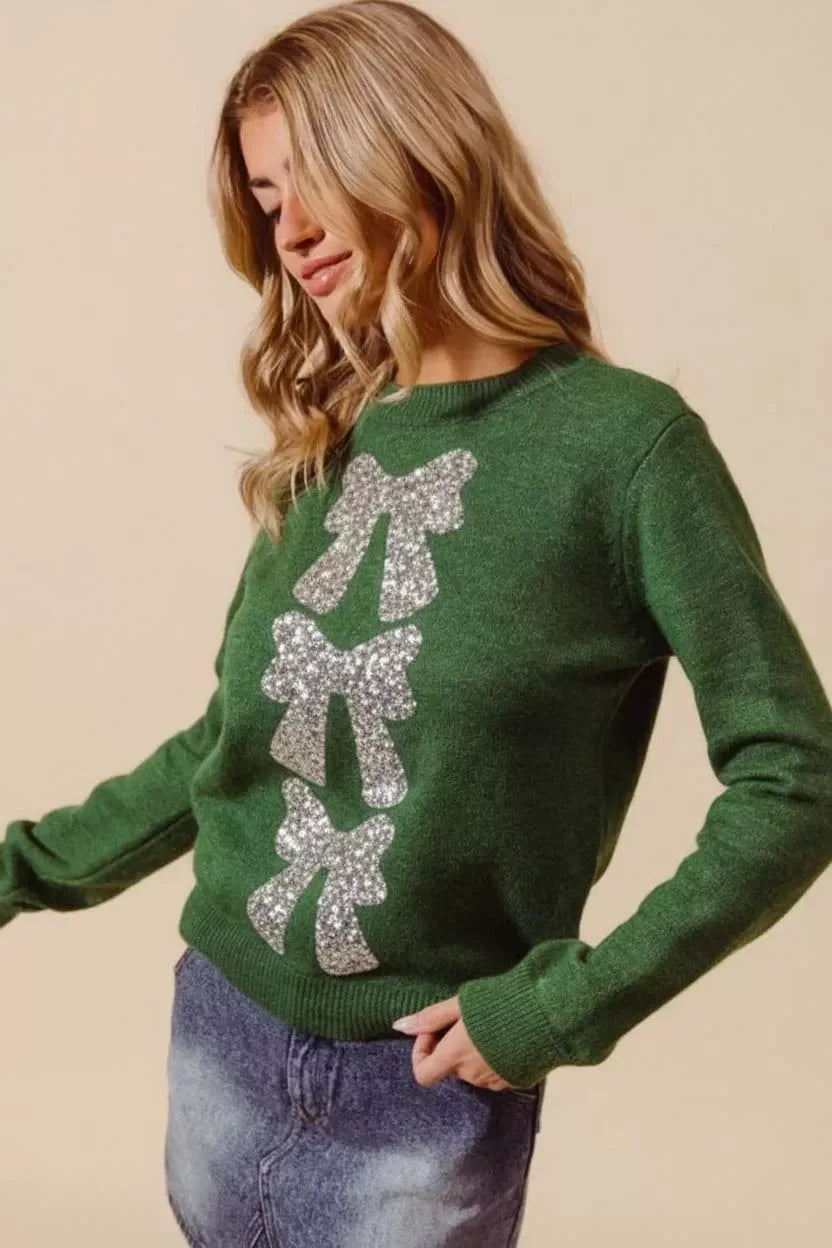 SO ME Sequins Bow Ribbon Embellished Christmas Sweater - DAVERRI FASHIONS