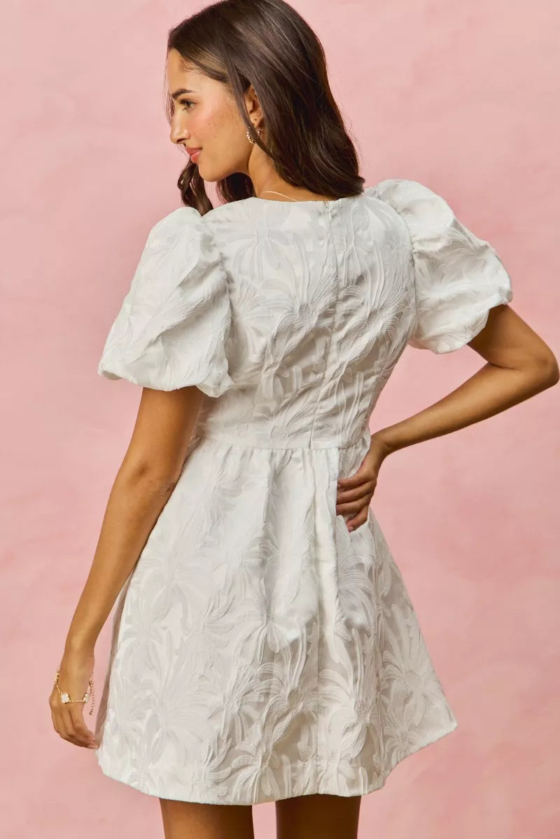 White textured floral mini dress with puffed sleeves, SO ME jacquard