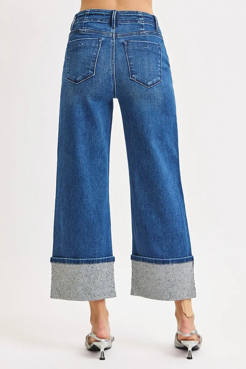RISEN High Rise Ankle Wide Rhine Stone Cuffed Jeans | Jeans Daverri Fashions