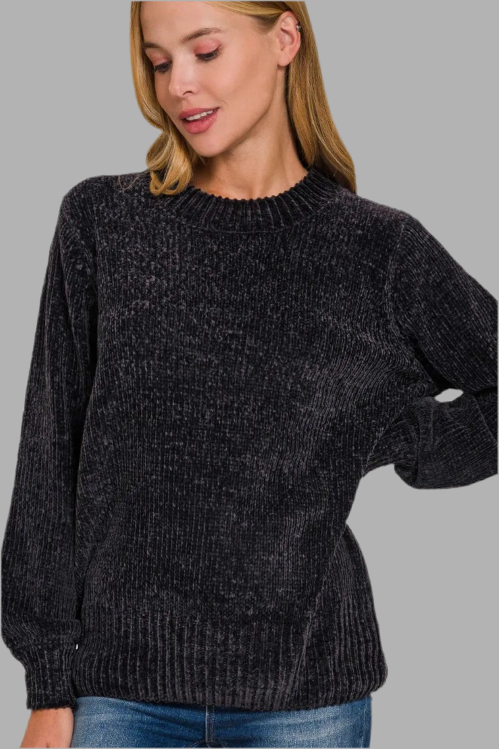 Zenana Round Neck Balloon Sleeve Chenille Sweater
