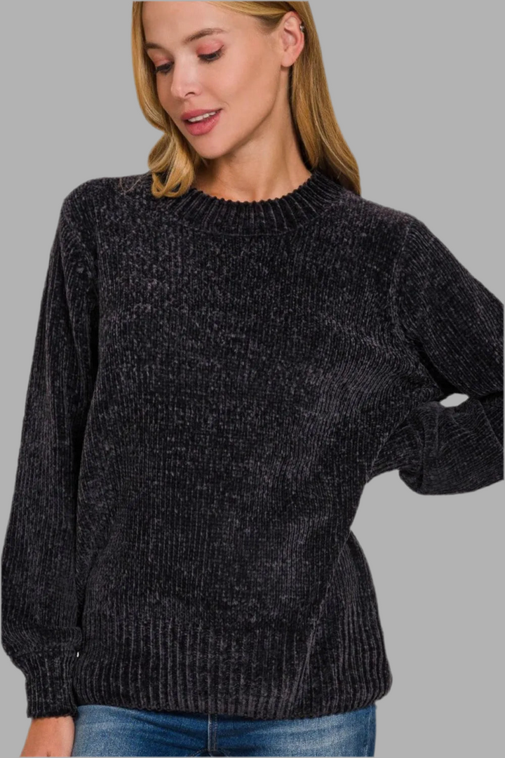 Zenana Round Neck Balloon Sleeve Chenille Sweater