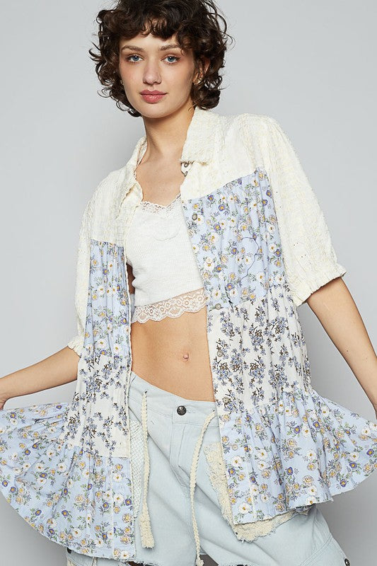 POL Ruffled Hem Floral Button Up Half Sleeve Shirt Light Blue