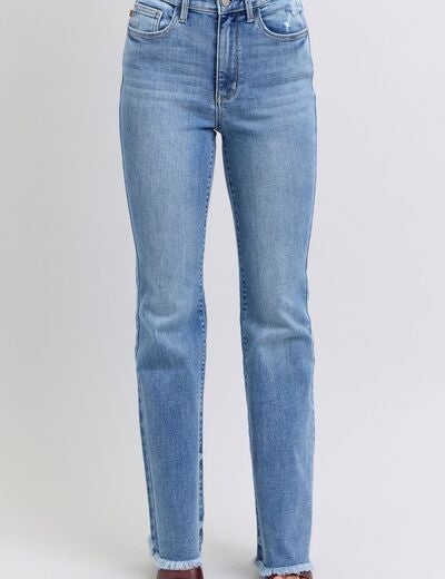 Judy Blue Full Size Raw Hem High Rise Bootcut Jeans Medium Jeans