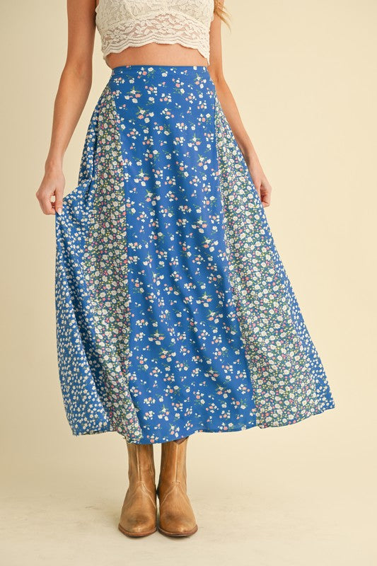 Aemi + Co Floral Elastic Waist Maxi Skirt Sky Blue