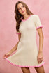 SO ME cream ribbed knit mini dress with pink ruffled trim